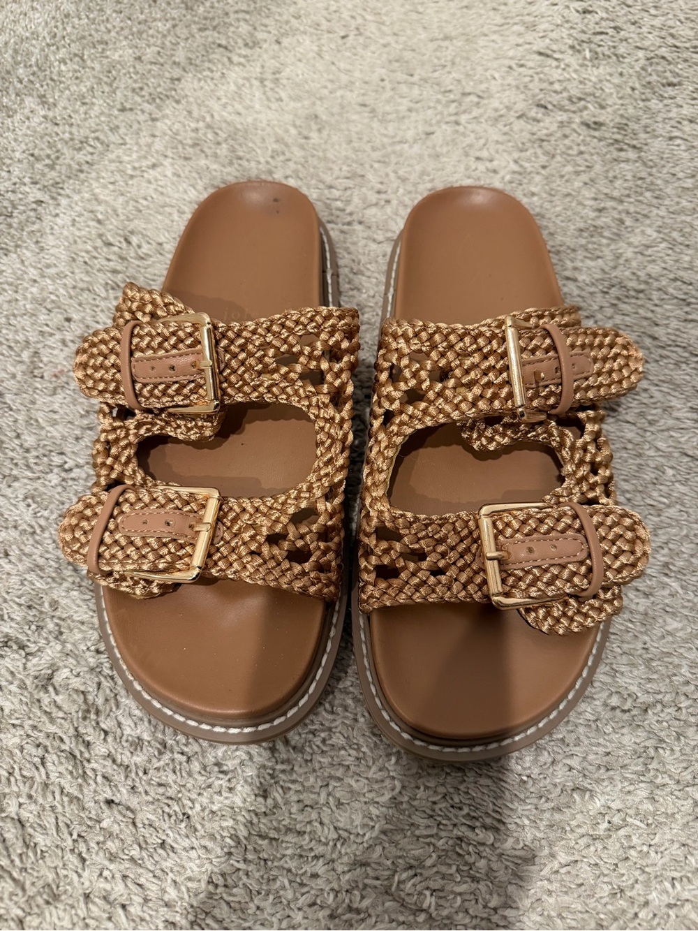 Woven Double-Buckle Slide Sandals - Brown